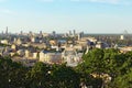 Stunning aerial landscape of Podil neighborhood with skyscrapers in obolon neighborhood on the background