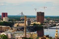 Stunning aerial landscape view of Podil neighborhood and skyscrapers in Obolon neighborhood on the background