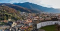 Stunning aerial panorama view of Bellinzona old town in beautiful sunlight from top of Castelgrande Castle with Swiss Alps and Royalty Free Stock Photo