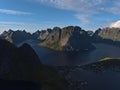 View of fishing village Reine, calm fjords and the mountain range of MoskenesÃÂ¸ya island, Lofoten in northern Norway. Royalty Free Stock Photo