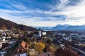 Stunning aerial panorama view of Thun cityscape and Aare river flowing to Lake Thun from Thun castle, with Swiss Alps mountain Royalty Free Stock Photo