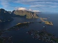 Panoramic view of village Reine with fjord and the rugged mountains of MoskenesÃÂ¸ya island, Lofoten, Norway. Royalty Free Stock Photo