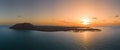 Stunning aerial panoramic warm sunrise view over the small island of Lobos in sunny Corralejo Fuerteventura Royalty Free Stock Photo