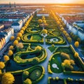 A stunning aerial picture of Copenhagen Botanical Garden and Kew which are both located in the center and are the