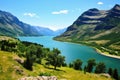 A stunning aerial shot capturing a large body of water nestled amidst a breathtaking expanse of mountains, Waterton Lakes National