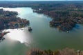 A stunning aerial shot of the Catawba River surrounded by vast miles of green and autumn colored trees in Charlotte Royalty Free Stock Photo