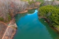 A stunning aerial shot of the silky green Catawba River surrounded by vast miles of green and autumn colored trees in Charlotte Royalty Free Stock Photo