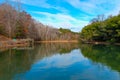 A stunning aerial shot of the silky green Catawba River surrounded by vast miles of green and autumn colored trees in Charlotte Royalty Free Stock Photo