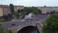 Stunning aerial top view flight drone. City Berlin Neukoeln canal bridge river