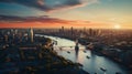 A stunning aerial view of a city skyline at sunset, with iconic buildings and towers visible from
