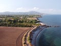 Stunning Aerial view of the coastline of Jardi de Sol de Riu and Senia river delta in Vinaros, Spain Royalty Free Stock Photo