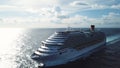 Stunning aerial view of the cruise ship in open water, front view. Stock. Front part of an anchored ocean liner sailing