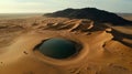 Stunning aerial view of a desert oasis with sand dunes and rocky hills under clear sky
