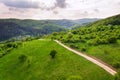 Stunning aerial view of field road between meadows and orchard wit colorful summer mixed forest in background Royalty Free Stock Photo
