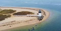 Stunning aerial view of historical Brant Point Lighthouse in Nantucket, Massachusetts with sand, rocks, and water, perfect for a w Royalty Free Stock Photo