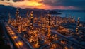 Stunning aerial view of oil refinery at sunset in natural landscape Royalty Free Stock Photo