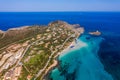 Stunning aerial view of Pelosa Beach (Spiaggia Della Pelosa) with Torre della Pelosa and Capo Falcone. Stintino, Sardinia, Italy. Royalty Free Stock Photo