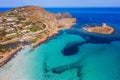 Stunning aerial view of Pelosa Beach (Spiaggia Della Pelosa) with Torre della Pelosa and Capo Falcone. Stintino, Sardinia, Italy.