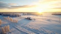 Stunning Aerial View Of Winter Landscape: Snowy Fields, Sun Rays, And Charming Country Life Royalty Free Stock Photo