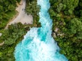 Stunning aerial wide angle drone view of Huka Falls waterfall in Wairakei near Lake Taupo in New Zealand Royalty Free Stock Photo