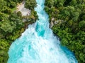 Stunning aerial wide angle drone view of Huka Falls waterfall in Wairakei near Lake Taupo in New Zealand Royalty Free Stock Photo
