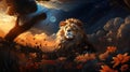 Stunning African Lion With Butterfly on Nose in Mystic Sunset Landscape