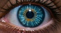 Macro closeup of a detailed digital human eye, symbolizing biometric data, advanced security, surveillance, technology concepts. Royalty Free Stock Photo