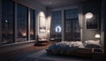 Luxury penthouse bedroom at night, ai generative Royalty Free Stock Photo