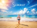 Stunning AIGenerated Summer Beach Portrait A Photorealistic Model Against a Calm Ocean and Sky Perfect for Vacation or
