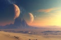 A stunning alien landscape featuring mountains and planets in the background, A barren desert planet with bright, double moons in Royalty Free Stock Photo