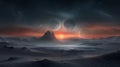 Stunning alien landscape with multiple moons, a distant sunset, and a mysterious mountain under a starlit sky, evoking science Royalty Free Stock Photo