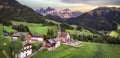 Alpine scenery of breathtaking Dolomites rocks mountains in Italian Alps, South Tyrol, Italy. Aerial view of Val di Funes Royalty Free Stock Photo