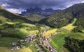 Alpine scenery of breathtaking Dolomites rocks mountains in Italian Alps, South Tyrol, Italy. Aerial view of Val di Funes