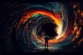 Person looking in over event horizon of a black hole in space nebula background wallpaper art