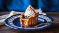 Golden Waffle with Maple Syrup and Whipped Cream on Vintage Blue Plate Royalty Free Stock Photo