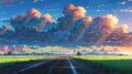 Stunning Anime Countryside Road with Dramatic Clouds, Sun Rays, and Vast Open Fields Royalty Free Stock Photo