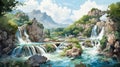 Waterfall Of Spain: Anime-influenced Watercolor Illustration