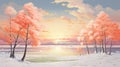 Sunrise Over Snowy Trees: A Romantic Anime Art Seascape