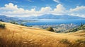 Greek Island Landscape: A Realistic Oil Painting Of Wheat Fields And Ocean Royalty Free Stock Photo