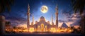A stunning architectural masterpiece under a full moon, illuminated by golden lights, surrounded by palm trees and pyramids