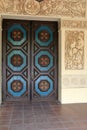 Stunning architecture heavy stone and wood doors seen while wandering around historic Balboa Park, San Diego, California, 2016