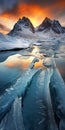 Stunning Arctic Landscape: Waves, Ice Ledges, And Waterfalls At Sunset