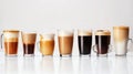 A Stunning Array of Diverse Coffee Beverages Showcasing Artful Layers of Cream, Milk, and Espresso. AI generated Royalty Free Stock Photo