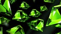 A stunning array of lime green gemstones with intricate cuts, floating effortlessly against a stark black background Royalty Free Stock Photo