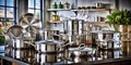 A Stunning Array of Stainless Steel Cookware A Comprehensive Kitchen Set for Everyday Cooking and Elegant Dining Royalty Free Stock Photo