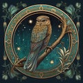 Intricate Art Nouveau Owl On Branch With Stars - 2d Game Art
