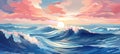 Stunning Artistic Illustration of Serene Tranquil Beach in Retro Wave Style during Peaceful Evening