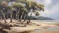 Australian Tonalism: Beach Landscape With Trees In May Royalty Free Stock Photo