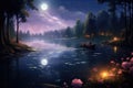 A stunning artwork depicting a serene boat sailing on a tranquil lake under the starry night sky, An enchanting moonlit lake with