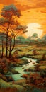 African Landscape Painting Sunset In The Style Of Todd Schorr